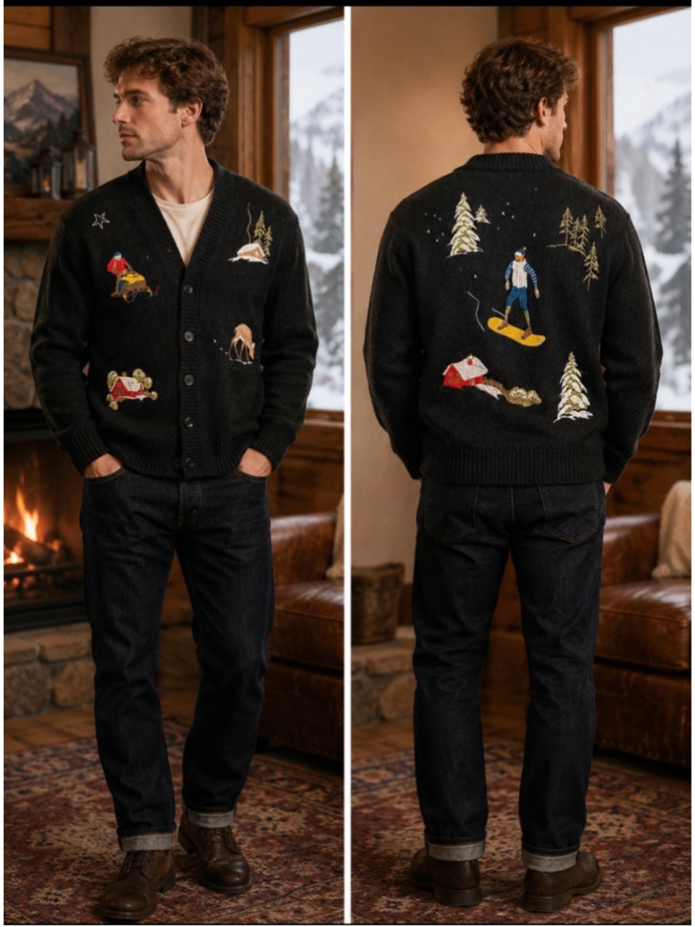 Forever 21 Men’s Winter Ski Lodge Embroidered Cardigan Sweater Size Large